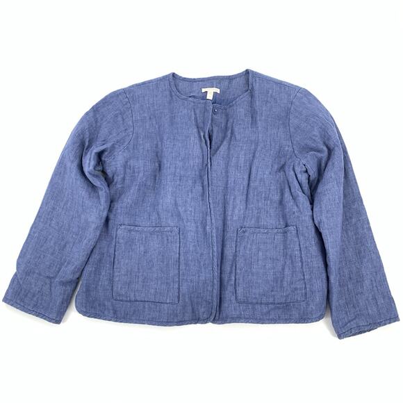 $188 Eileen Fisher Organic Linen Twill Snap Front Jacket Medium Blue Chambray M - Picture 1 of 8